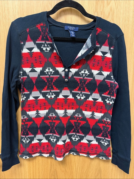 Chaps Tops - Chaps Black, Red & White Southwest Geometric Thermal Henley